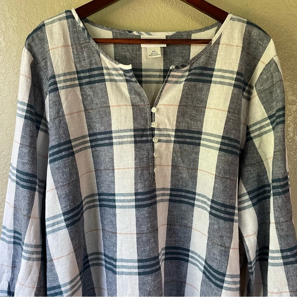 Liz Claiborne Womens XXL 2XL Linen Blend Blue Plaid Tunic 3/4 Tie Sleeve Blouse - Picture 2 of 10